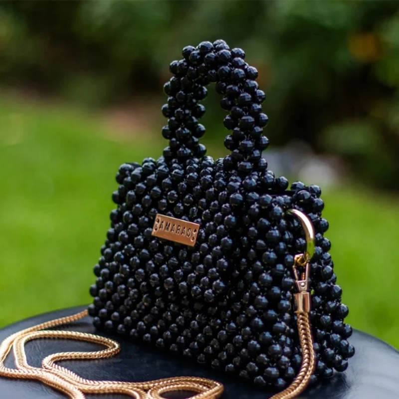 

Маленькая нишевая дизайнерская акриловая бусина, черные женские сумки ручной работы, модная универсальная сумка через плечо с цепочкой, сумка с откидным верхом на подкладке