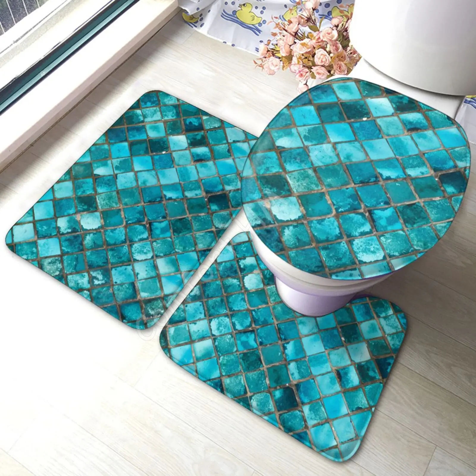 Turquoise Blue 3 Pcs Toilet Cover Non Slip Mat Bathroom Rugs Set Soft Toilet Seat Bath Mat Set Accessories for Bathroom Decor