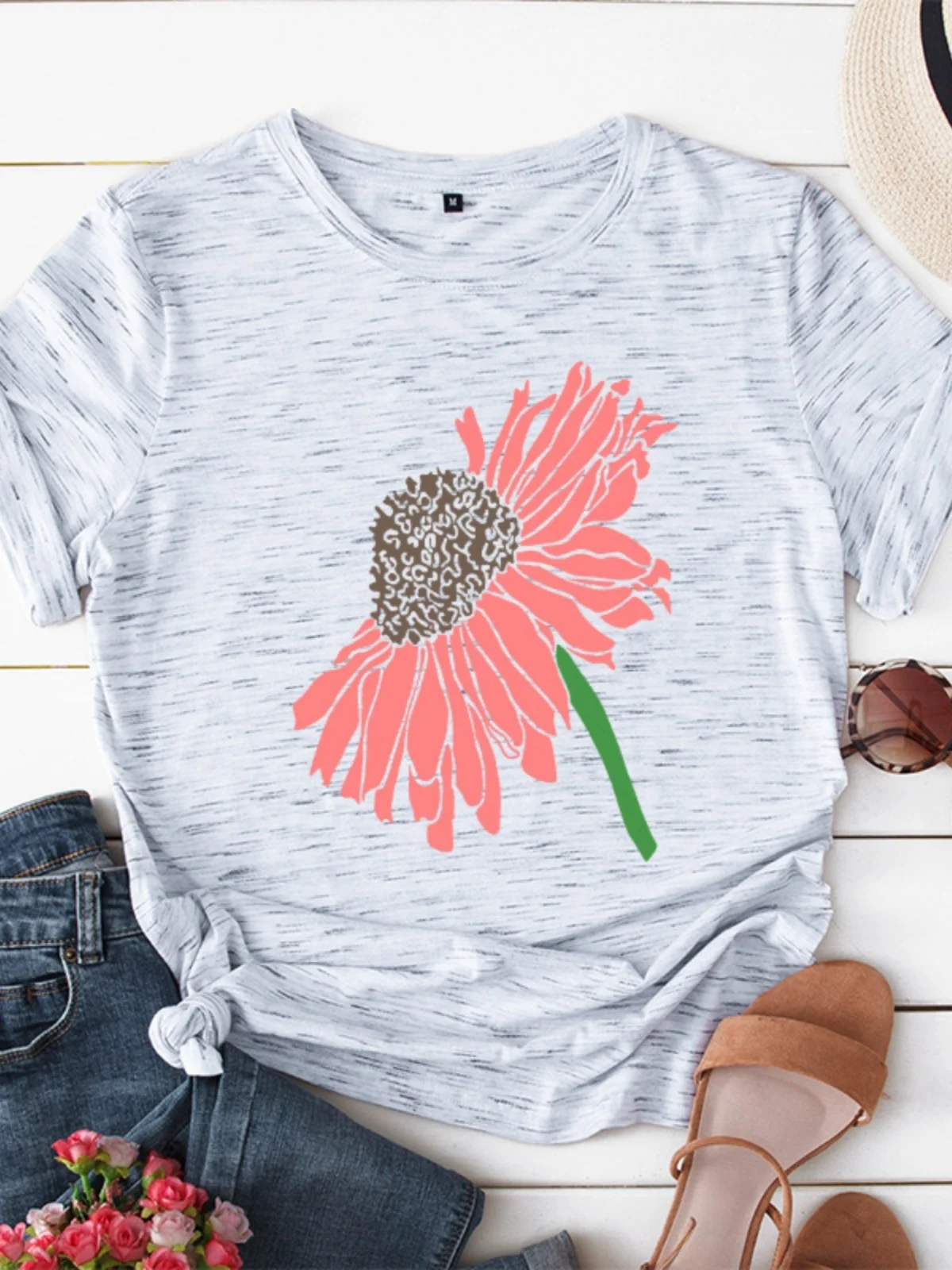 ルーズフィットピュアコットン半袖Tシャツレディースストリートスタイル花柄カジュアルトップ薄手素材夏のファッション