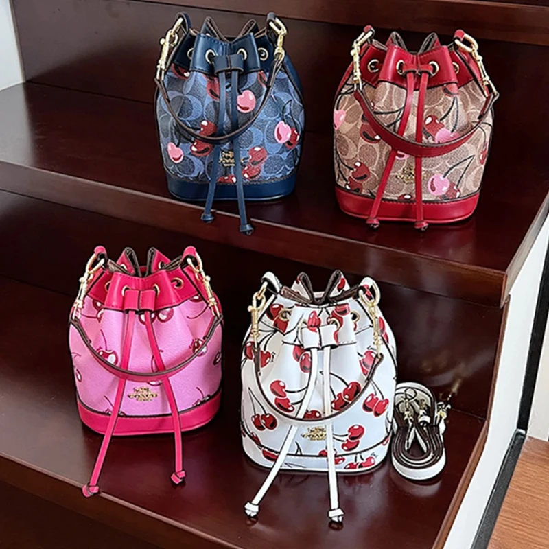 2025 Fashion Cherry Print Bucket Bag For Women Quilted  PU Large Capacity Drawstring Top Adjustable StrapCrossbody Bag for Daily