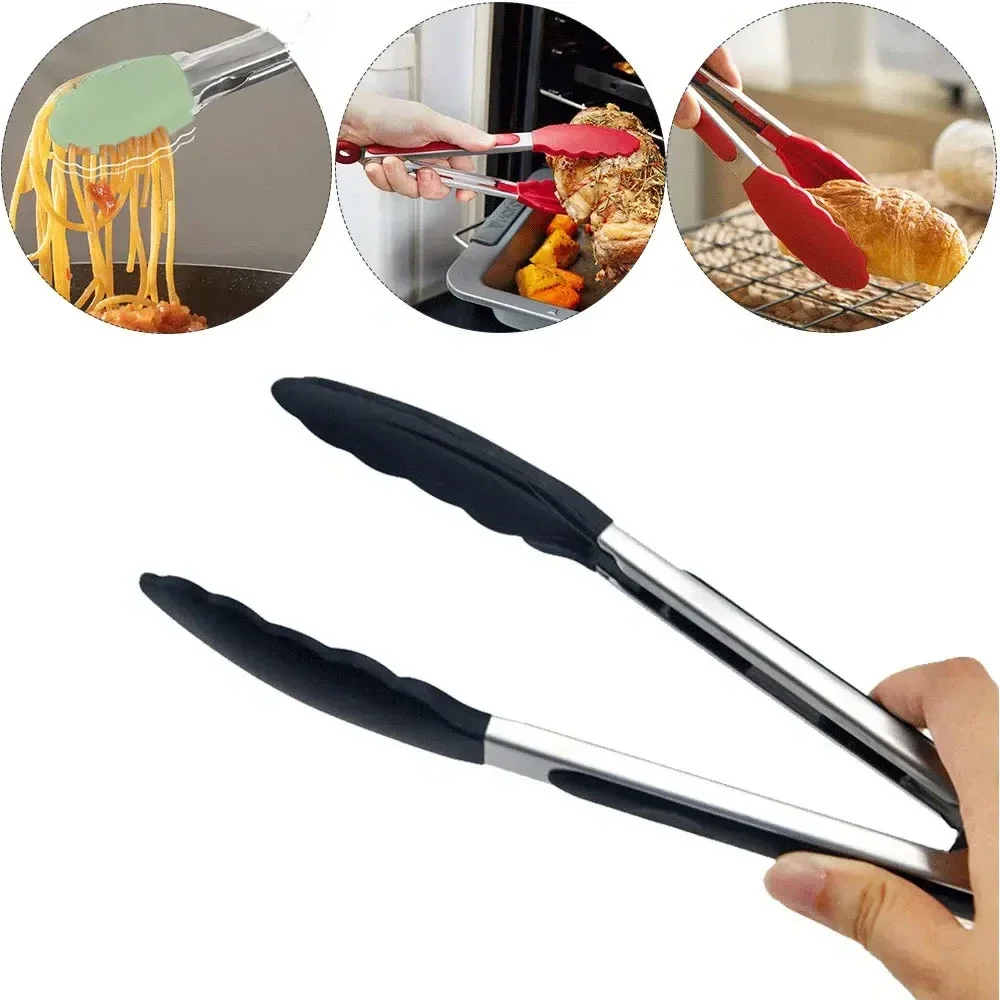 21/26/34cm Silicone Food Tong Stainless Steel Tongs Silicone Non-slip Cooking Clamp BBQ Salad Tools Grill Kitchen Accessories