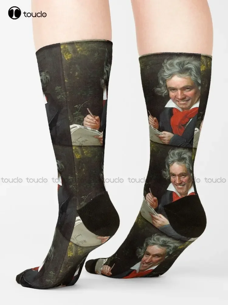 Calcetines sonrientes de Ludwig Van Beethoven, arte famoso, compositor de música, Meme, calcetines con bandera americana, calcetines para monopatín callejero, regalo personalizado, divertido