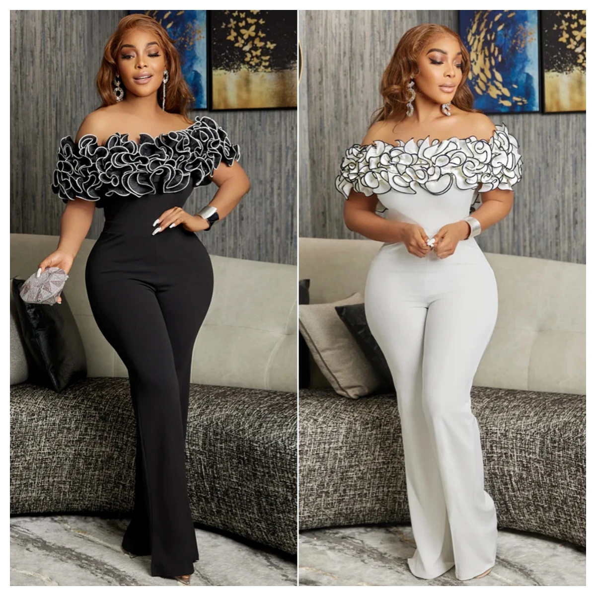 

Vintage Women Off Shoulder Cascading Ruffles Wide Leg Jumpsuit 2023 Summer Chic Sexy Party Romper One Piece Set Playsuit