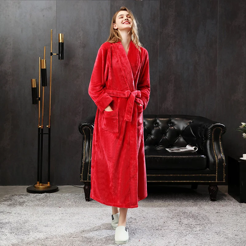 Lovers Long Warm Flannel Bathrobe Women Winter Bath Robe Hooded Dressing Gown Red Christmas Robes Men Night Sleepwear