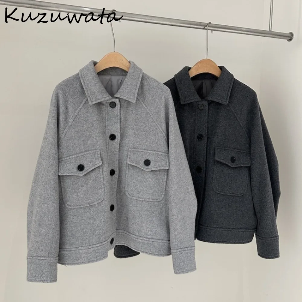 Kuzuwata Vintage Hong Kong Style Turn-down Collar Wool Coat Small Fellow Short Age Reduction Blends Japan Commuter Loose Jacket