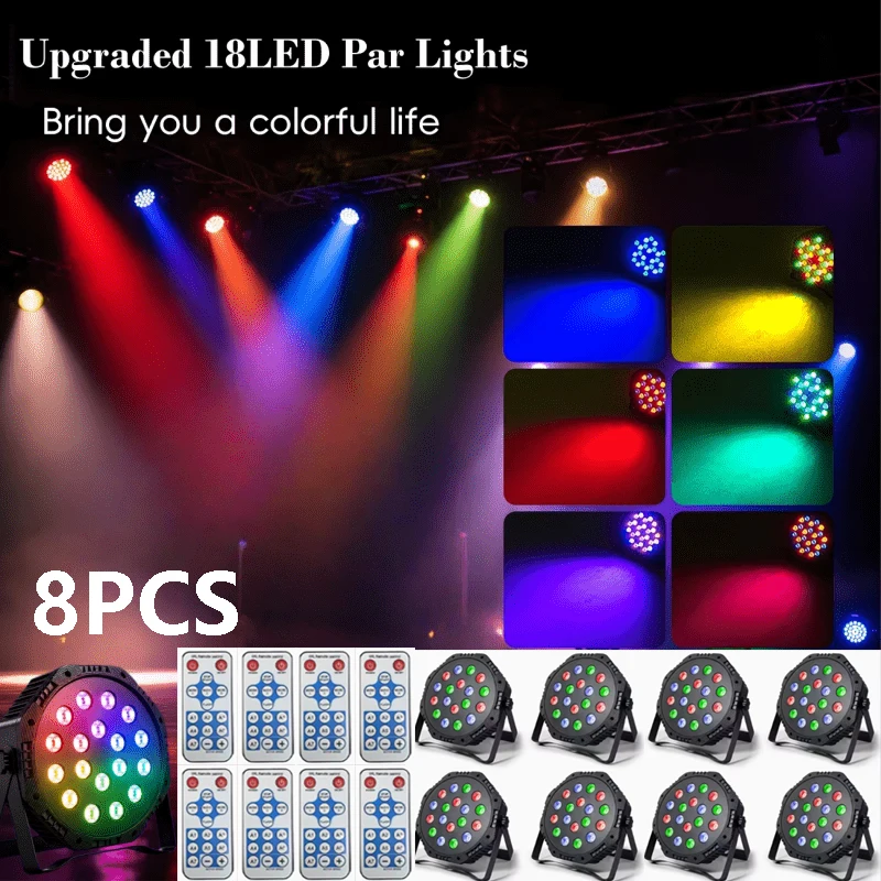 8PCS RGB Stage 18 LED Strobe Lamp USB with Remote Birthday Party Stage Flat Par Lightings DJ Disco Lights Bar Wedding Show Decor