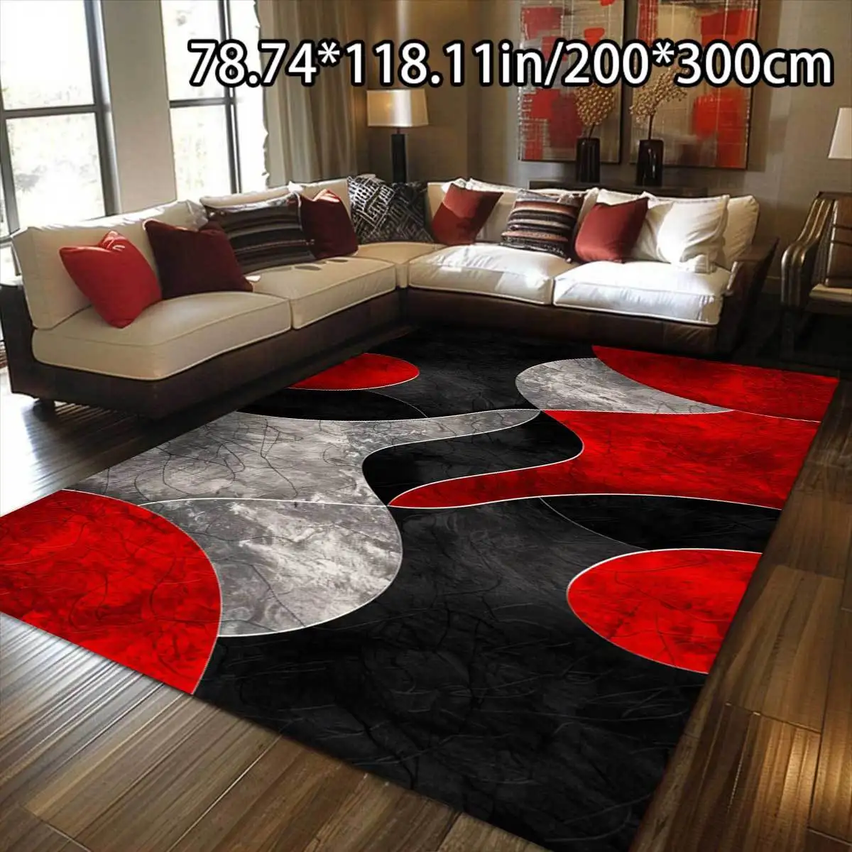 VIKAMA Modern Abstract Curved Area Rug,Non‑Slip Mat,Red Black Grey Marble Texture Carpet for Living Room Bedroom Home Decor Rug