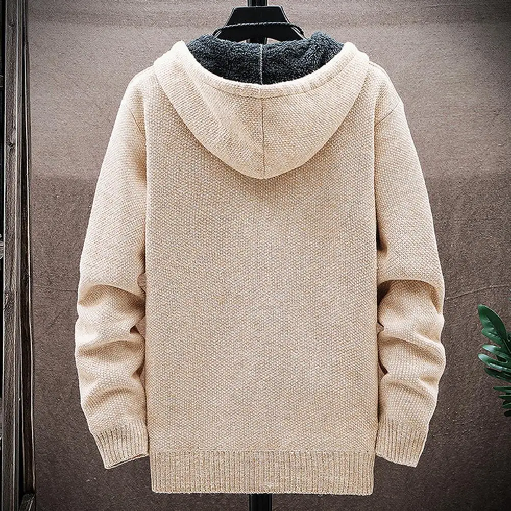 

Basic Cardigan Knitted Jacket Men's Winter Fleece Hooded Jacket with Drawstring Zip-up Sweater Coat Elastic Cuff Retro for Daily