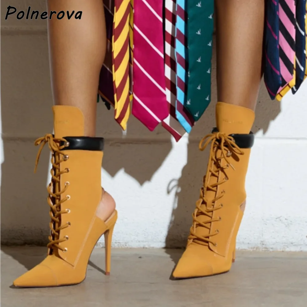 

Yellow Black Slingback Ankle Boots Hollow Thin Heels Pointy Toe Runway Sexy Patchwork Shoes Women's Sexy Runway Stiletto Shoes