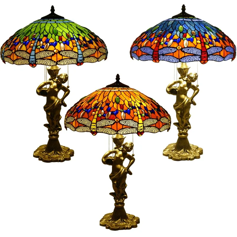 Classic stained glass dragonfly style bedroom bedside lamp, living room study 18 inch lamp