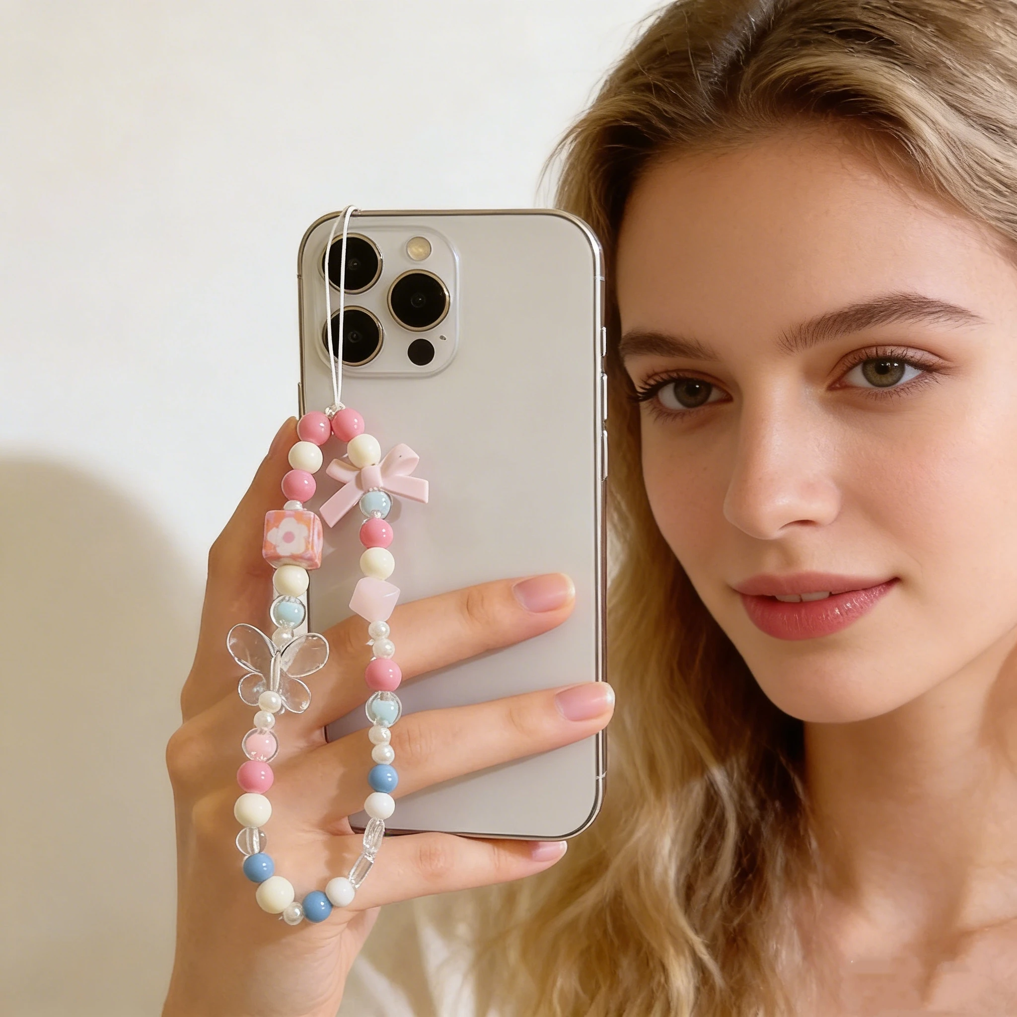 

Beaded Phone Chain Cute Pink Bow Butterfly Wrist Strap, Sweet Pastel Floral Phone Lanyard, Anti-lost Phone Charm for Most Phones