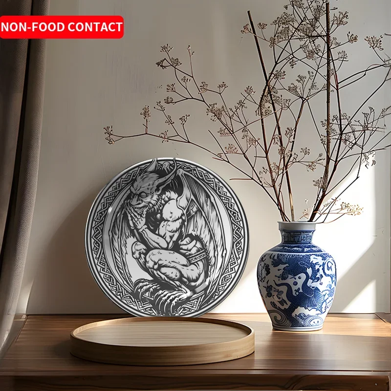 1pcGothic Demon Samurai Ceramic Decorative Plate Black and White Art Display Dish for Home Desktop Non-Food Contact Unique Gift