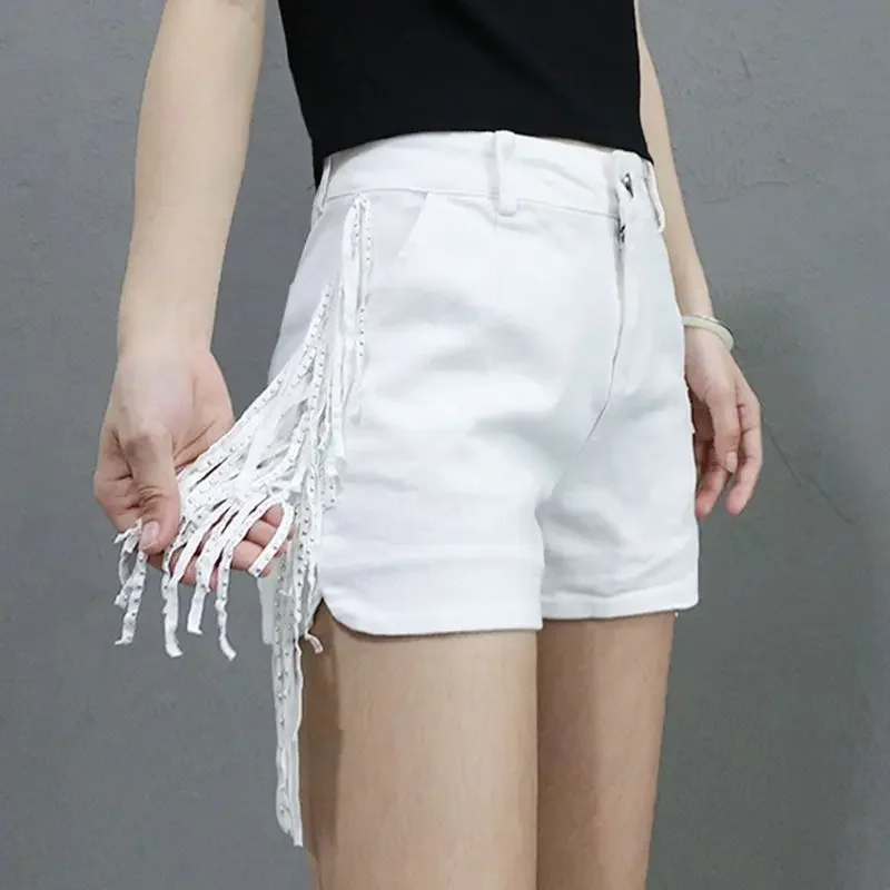 Low Waist Shorts Women 2024 New High Waist Single Button Washed Side Tassel Denim Short Sexy Hot Pants