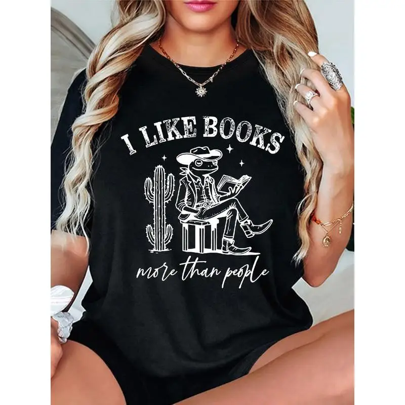 

"Women Funny Book Lover T Shirt Oversized Casual Summer Graphic Tee I Like Books More Than People Reading Slogan Streetwear"