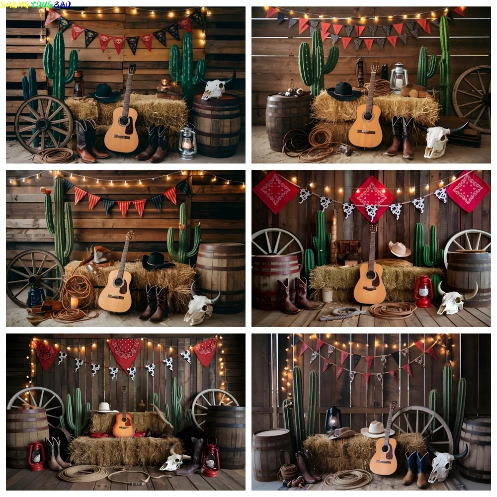 

Western Farm Decor Photography Backdrop Cartoon Cowboy Cowgirl Wooden Door Stacking Barn Cactus Guitar Kids Portrait Background
