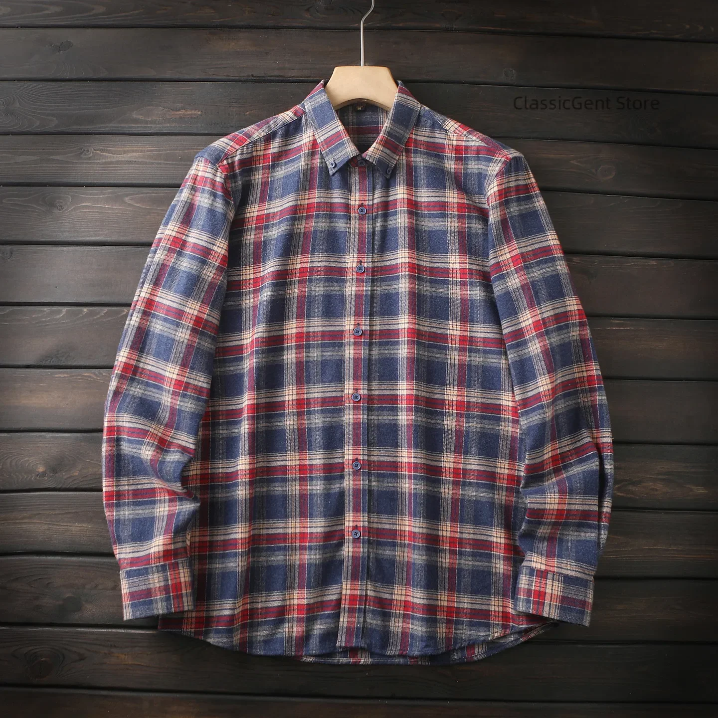 Antibacterial Abraded 100 Cotton Men's Lapel Casual Plaid Long Sleeve Shirt