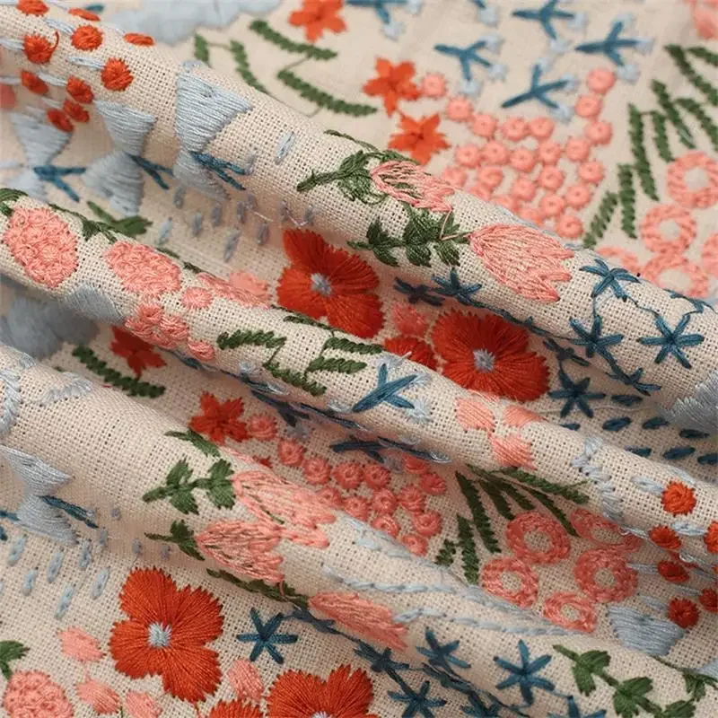 Flower Embroidered Cotton Linen Fabric Cotton Sewing Fabric Making Dress Clothing Cloth