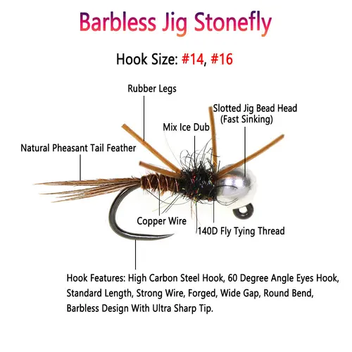 Imagen 2 del producto Bimoo 6PCS # 16 # 14 plantilla sin púas de hundimiento rápido Stonefly con patas de goma cola de faisán húmeda Euro Ninfa mosca trucha Señuelos de pesca cebo