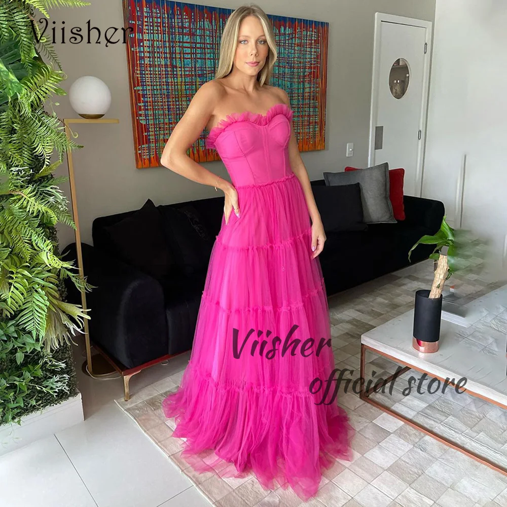 

Viisher Pink Tulle A Line Prom Party Dresses for Women Pleats Sweetheart Long Evening Dress Floor Length Formal Gowns