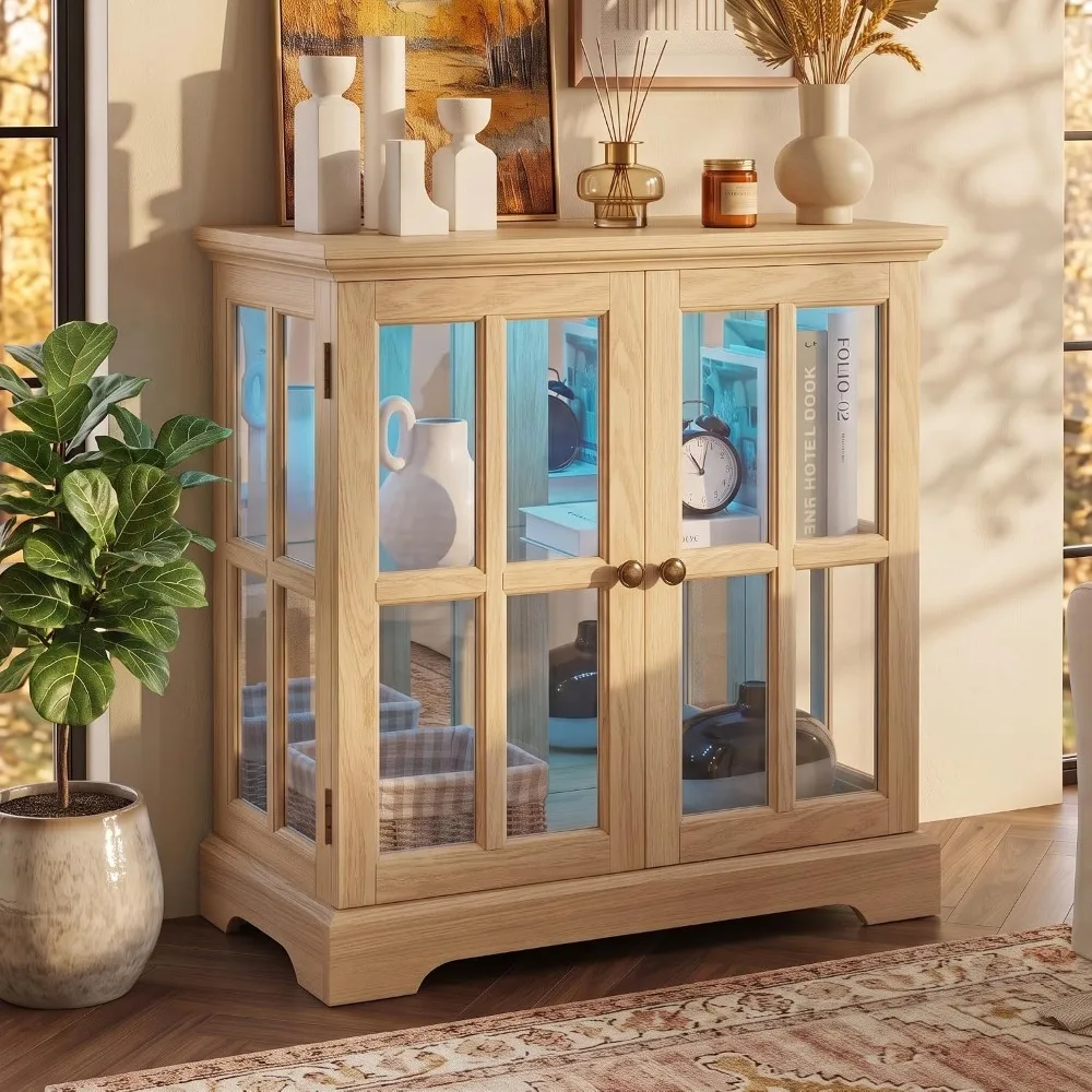 32H LED Curio Cabinet with 7 Color Lights Tempered Glass Doors for Collectibles Living Room Oak