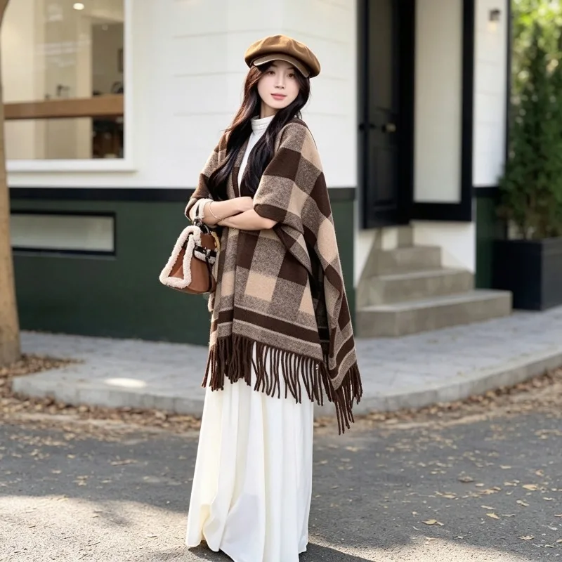 2026 New Arrival Preppy Style Plaid Poncho Shawl for Women Warm Travel Cape Cozy Outer