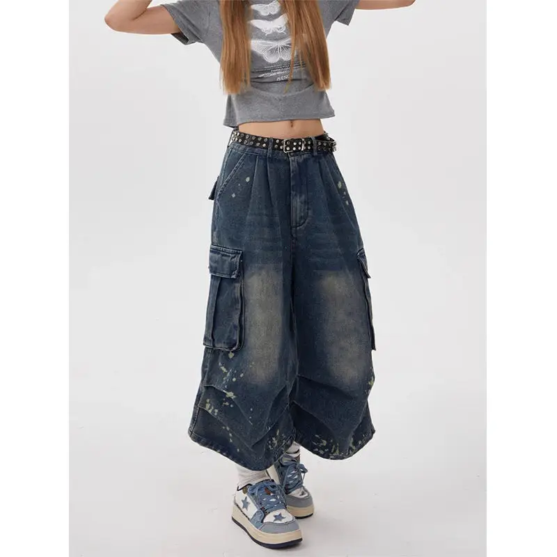 Vintage-Jeansshorts für Damen im Retro-Stil, gewaschen, Arbeitskleidung, mit mehreren Taschen, plissiertes Design, lockere, drapierte Caprihose