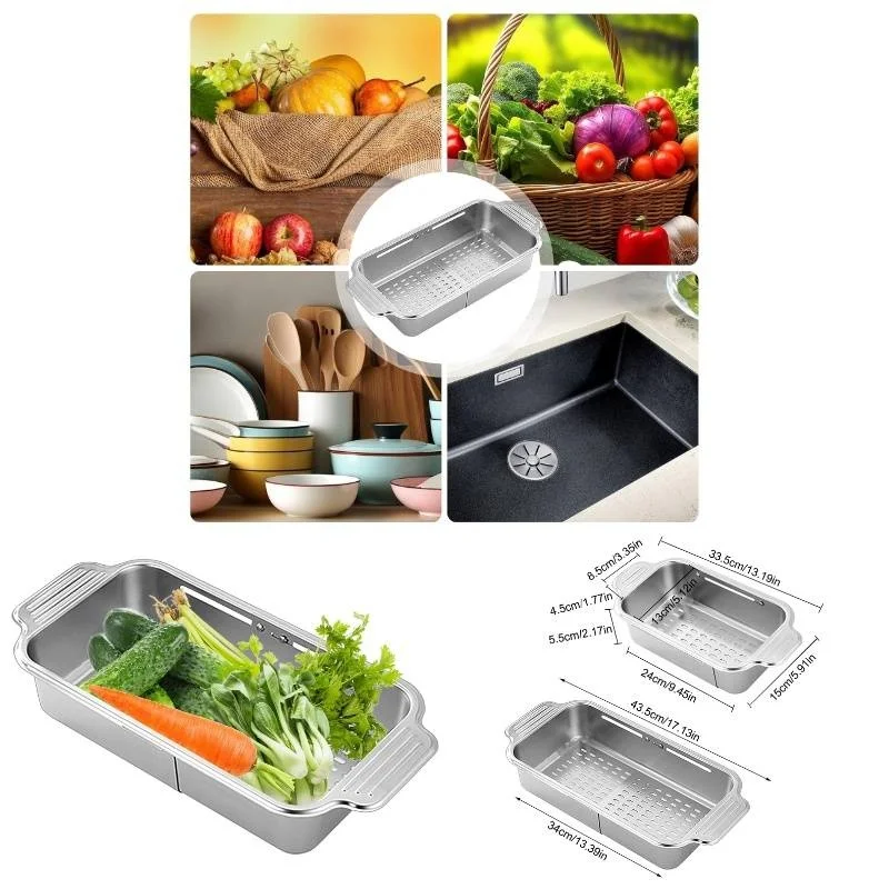 

Adjustable Over-Sink Dish Rack & Drainer, Expandable Colander Basket for Fruits Vegetables, Space-Saving Sink Organizer