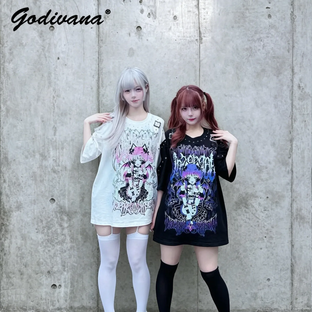 Subculture Dark Punk Anime Print Off-shoulder Loose Short-sleeve T-shirt New Summer Female Y2k Rivet Cotton Tee Tops