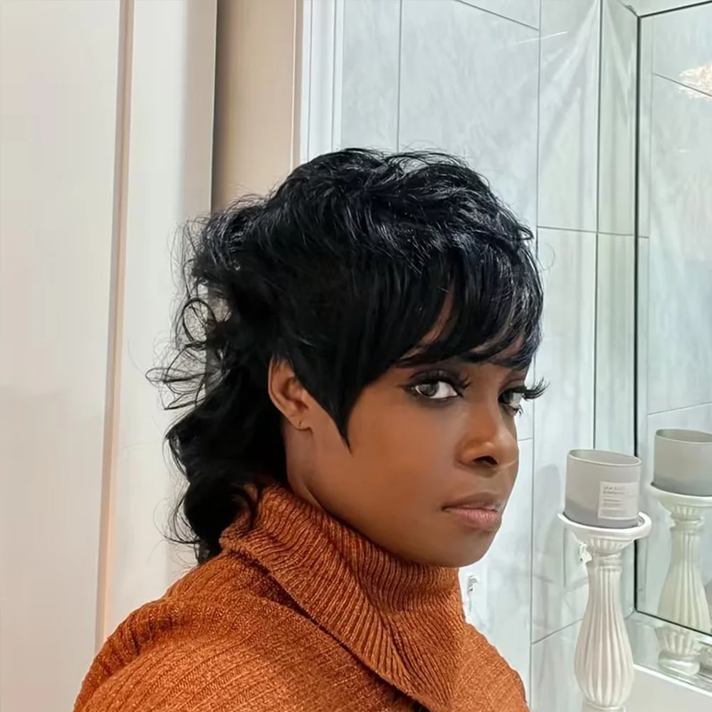 باروكات شعر بشري مفرود قصير، شعر برازيلي بقص عابث، مصنوع آليًا للنساء ذوات البشرة السمراء، شعر مستعار مصنوع آليًا بالكامل