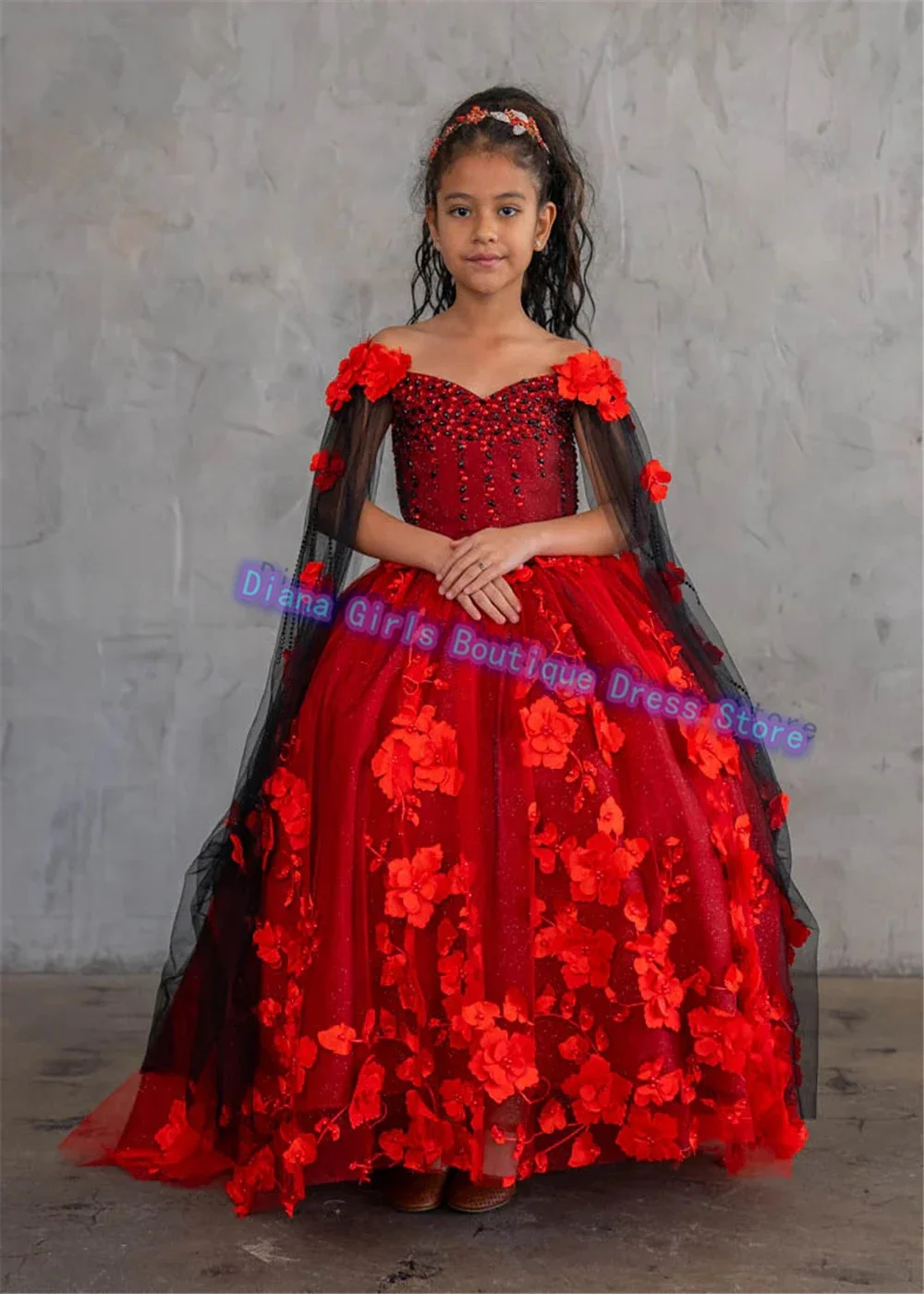 Luxury Red Tulle Fluffy with 3D Applique Flower Girl Dress Cloak Sleeve Little Princess Birthday Party Ball Customised Gowns