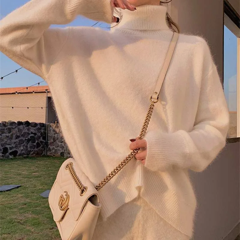 เสื้อไหมพรมถักสำหรับผู้หญิง แบบสวมหัว แขนยาว คอสูง ความยาวปกติ แฟชั่นฤดูหนาว สไตล์ลำลอง สวมใส่สบาย ทำจากขนสัตว์นุ่ม