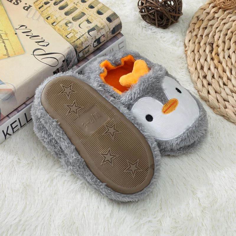 Toddler Boy Slippers for Kids Indoor Winter Plush Warm Girl Cute Cartoon Penguin Footwear Soft Rubber Sole Home Shoes Baby Items