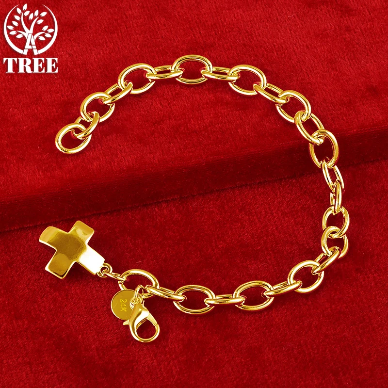 

ALITREE 24K Yellow Gold Smooth Small Cross Bracelet For Woman Men Party Wedding Engagement Birthday Gift Fashion Charm Jewelry