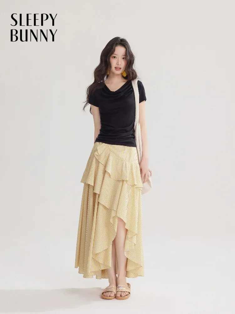 

Ruffled Irregular Skirt High Waist Slimming Maxi Elegant Casual Asymmetrical Hem Long Skirt Women Summer Petite Fashion Design