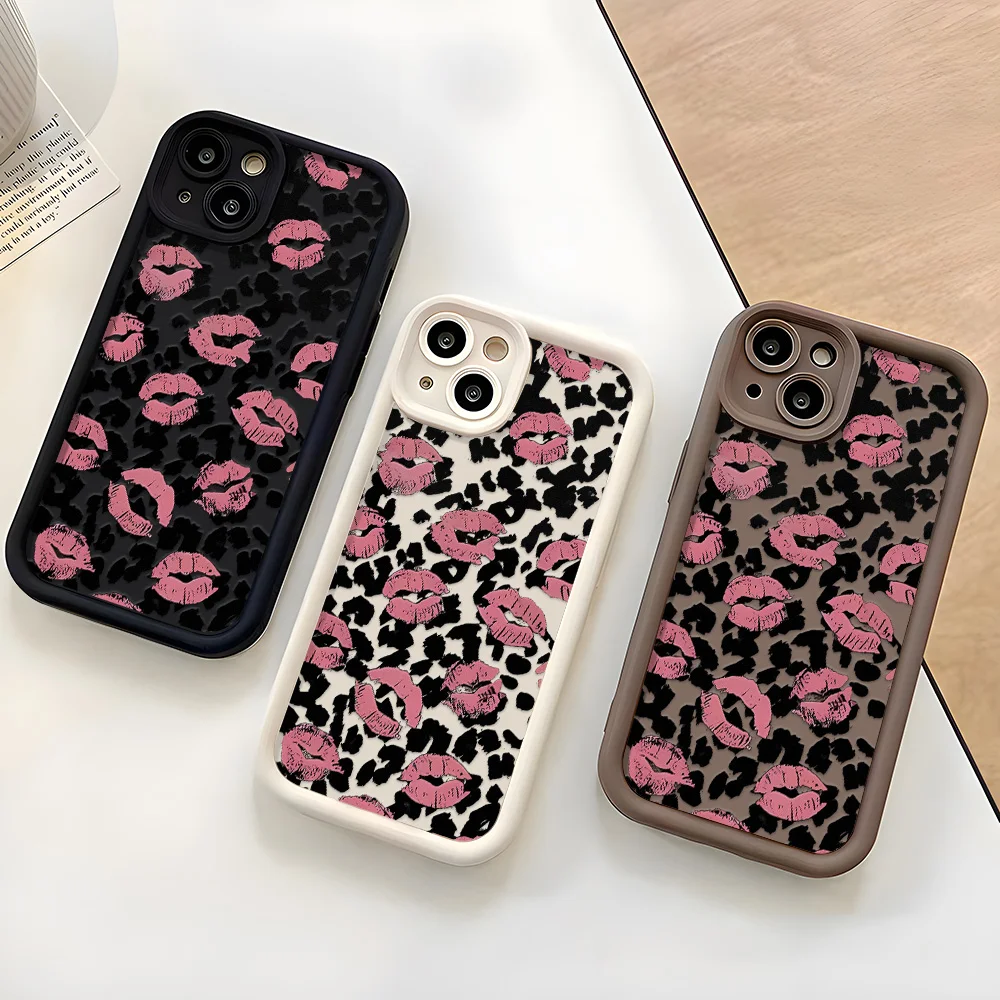 Painted Phone Case for Apple iPhone 17 16 15 14 13 12 11 Pro Max 8 Plus SE Air Cases Kawaii Pink Lip Leopard Silicone Protection view 5
