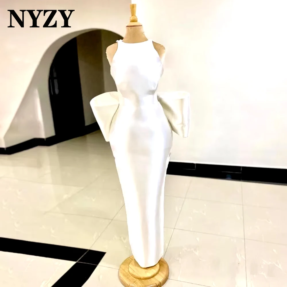 NYZY W62 Personalizado Cetim Sem Mangas Grande Arco Voltar Até O Chão Simples Sereia Vestidos de Noiva 2025