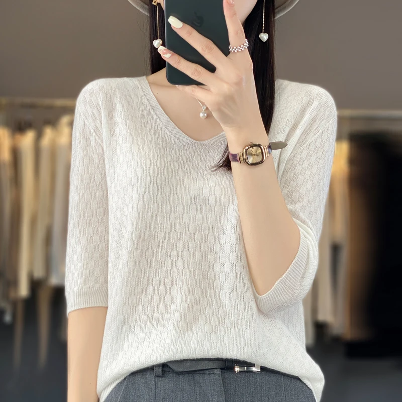 Spring and summer short sleeved women\'s cashmere sweater short sleeved pullover short sleeved T-shirt knitted sweater T-shirt