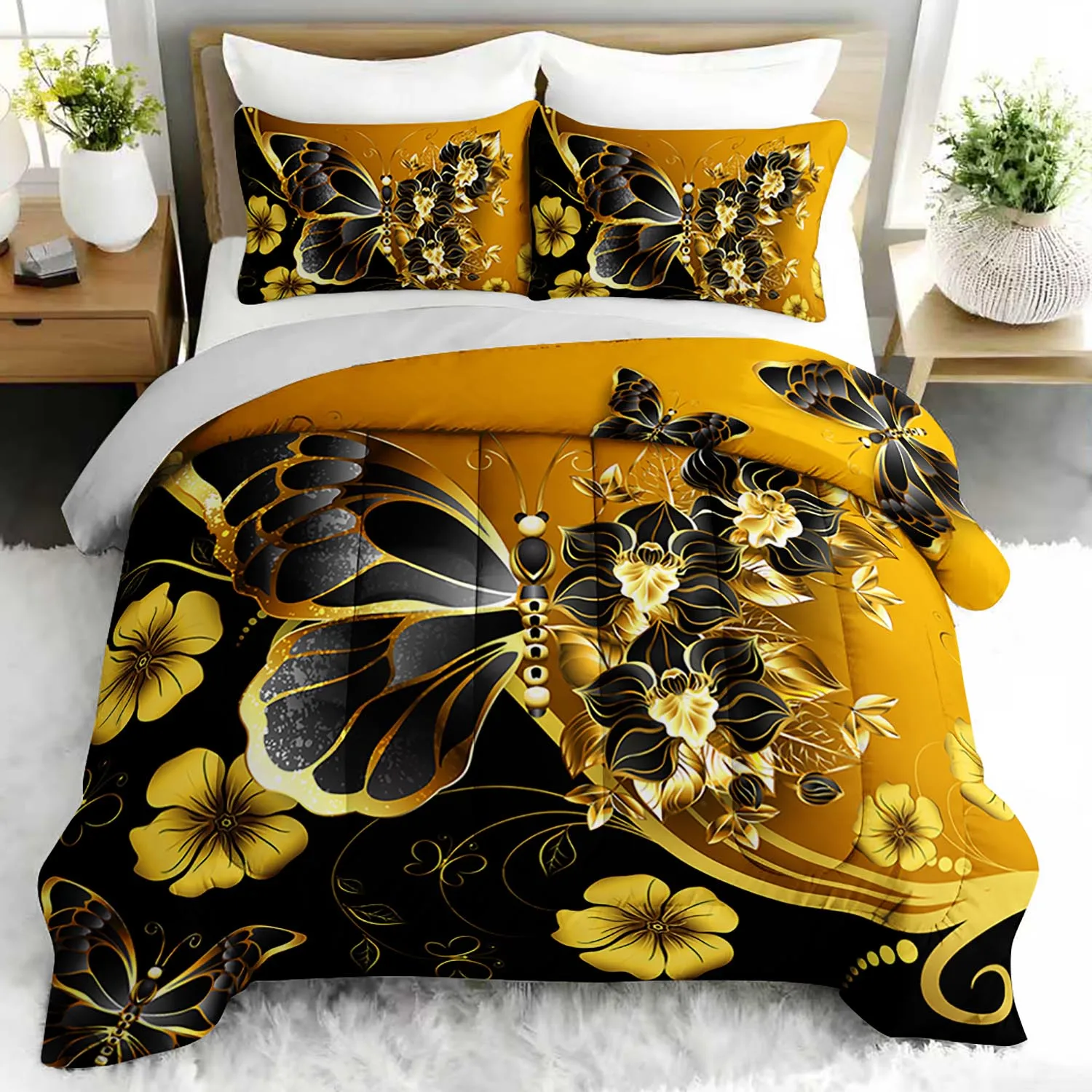 

Комплект постельного белья из 3 предметов с золотыми бабочками и цветочным узором, 2 наволочки - Элегантный комплект постельного белья для спальни или гостевой комнаты