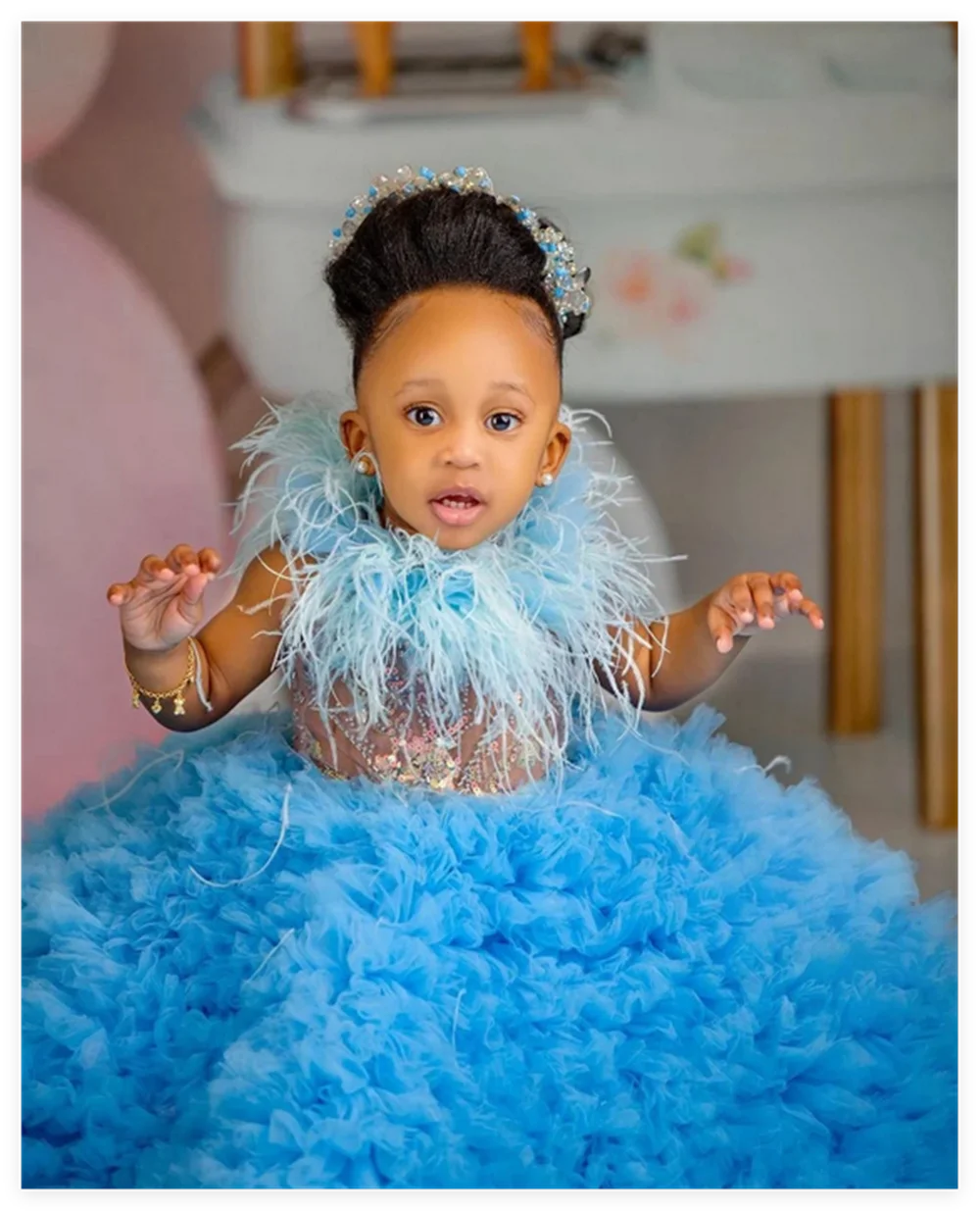 

Quality Luxury Blue Flower Girl Dress Tulle Fluffy for Little Girls Birthday Party Dresses Princess Baby Kids Evening Ball Gowns