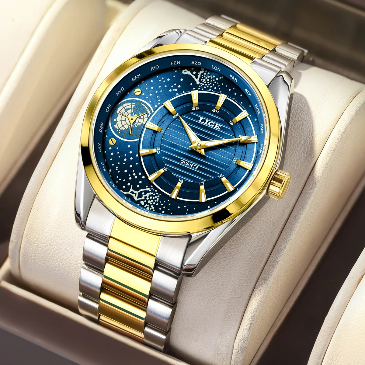 LIGE New Fashion Men Quartz Watch Rotating Earth Dial Of Creative Blue Planet Pointer Steel Band Waterproof Men Watch Reloj