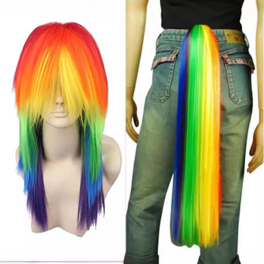 Cosplay Rainbow Wigs Dash Multi Colors Long Straight Clip on Ponytails/Cosplay Wig Ponytails Party Wigs