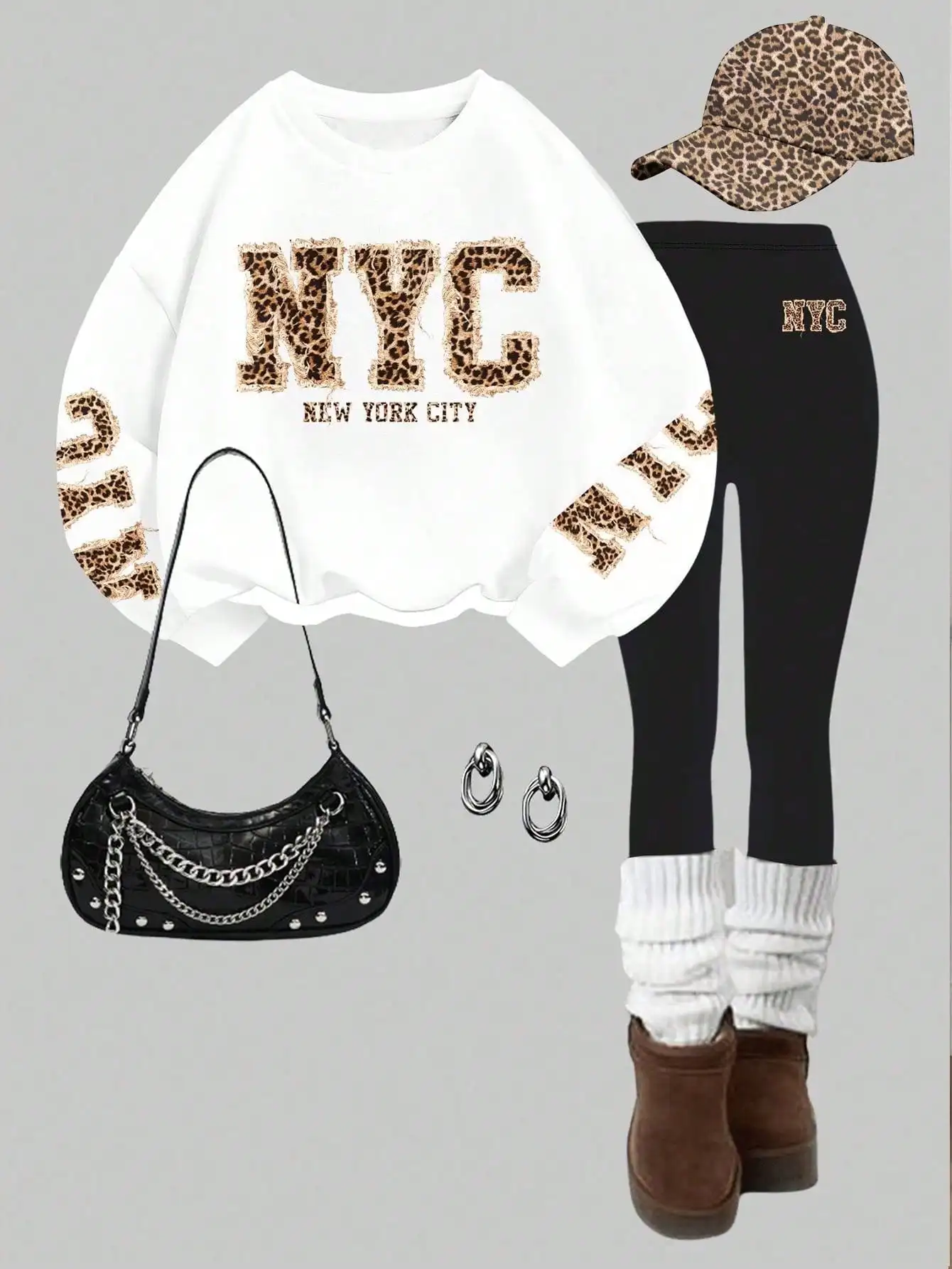 

Повседневный комплект из 2 предметов: свитшот с леопардовым принтом и надписями, и черные леггинсы.