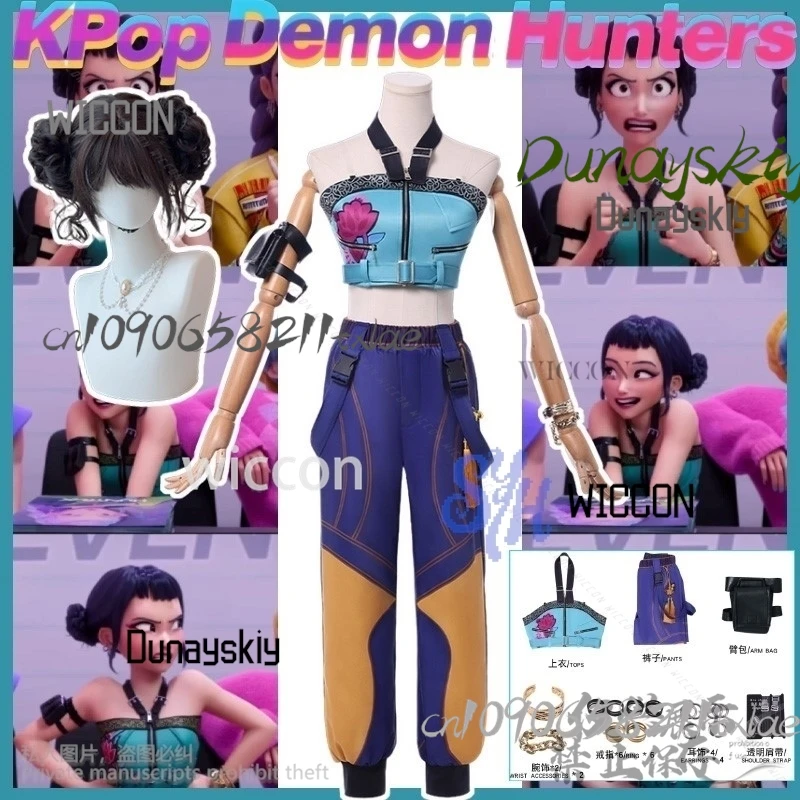 Kawaii Korea Girls Y2K Idol Stage Uniform Huntrix KPop Demon Hunters Zoey Girls Groups Sexy Top Pants Wig Earring Halloween