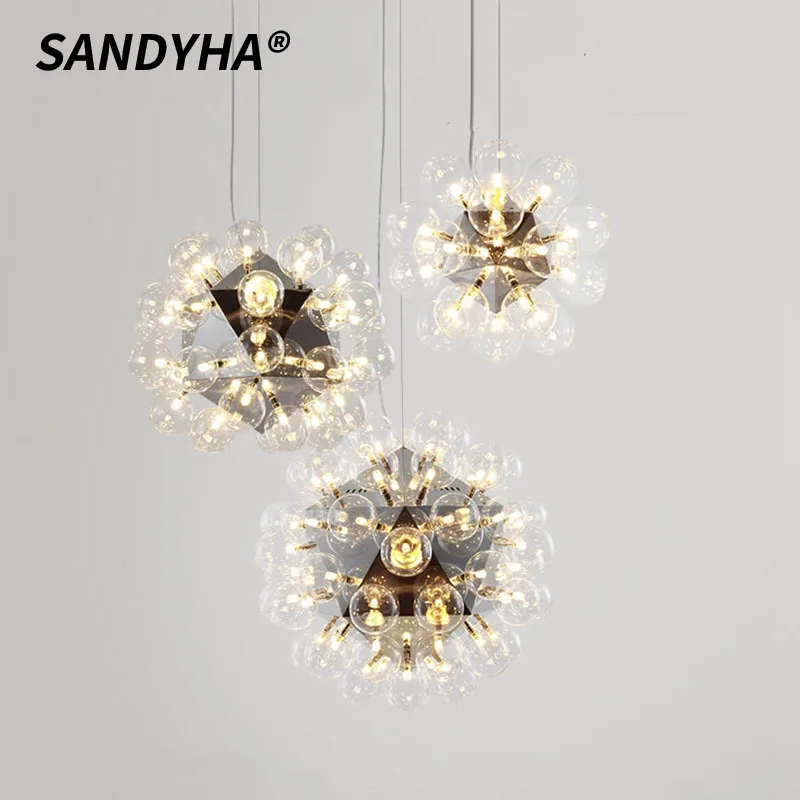 SANDYHA أضواء قلادة أنيقة من الفولاذ المقاوم للصدأ مع تصميم كروي زجاجي لغرفة المعيشة الحديثة وإضاءة طاولة الطعام