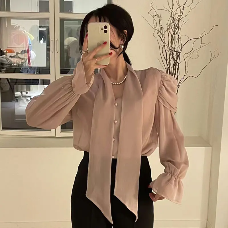 

Chic Spring Casual Loose Wide Leg Sve Thin Chiffon irt Women's Top Versatile Ne V-Ne Long Sve Regular Length