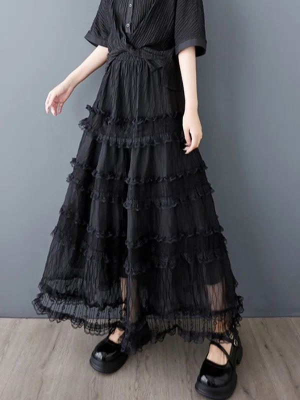 Letnia spódnica damska plus size na lato 2025, luźna, z bogatym haftem, koronką, plisowana, typu tort, do ziemi, z włókna poliestrowego, o kroju litery A...