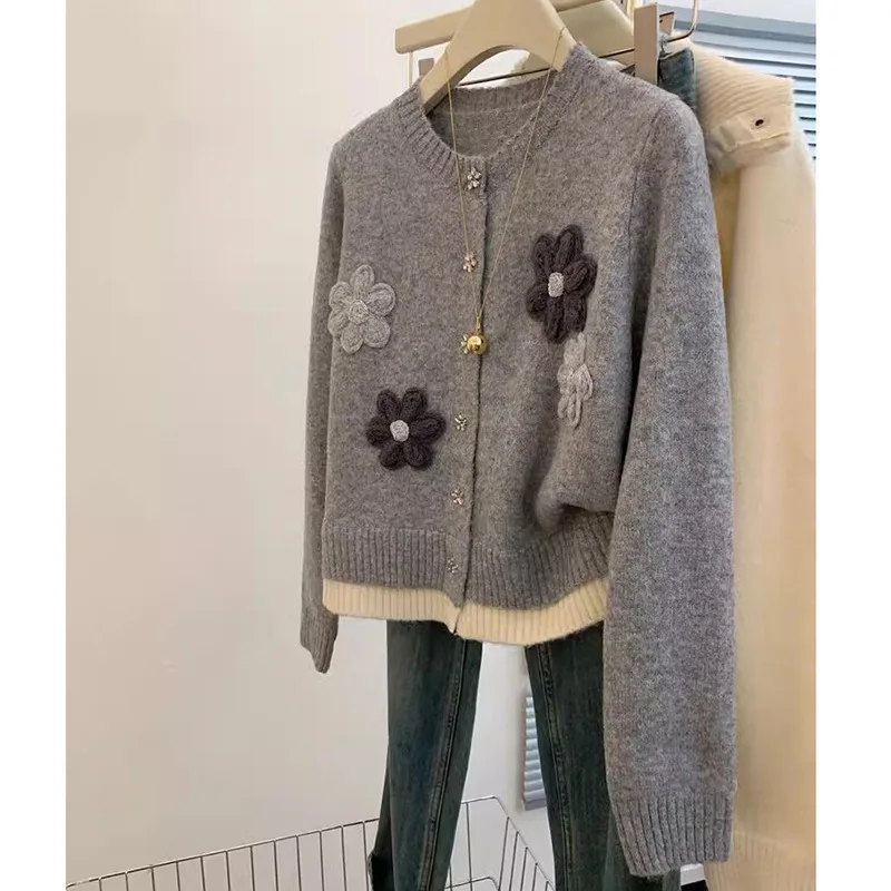 

Вязаный кардиган ручной вышивки для женщин, мягкий, плотный, с цветочным узором, высокое качество, универсальный, нежный стиль