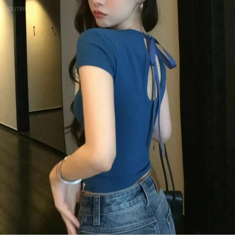 Fashion Temperament Bow Tie Strap U-shaped Hollow Shoulder Slim Fit Short Sleeved T-shirt Casual Round Neck Short Top 민소매 티 여성
