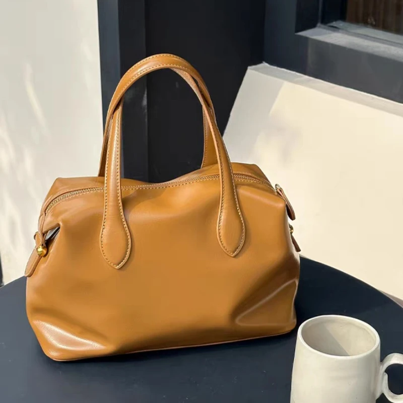 

Korean Style Boston Tote Bag,Vintage Commuter Daily Handbag,Soft PU Synthetic Leather Zipper Niche Designer Market Carryall Bag