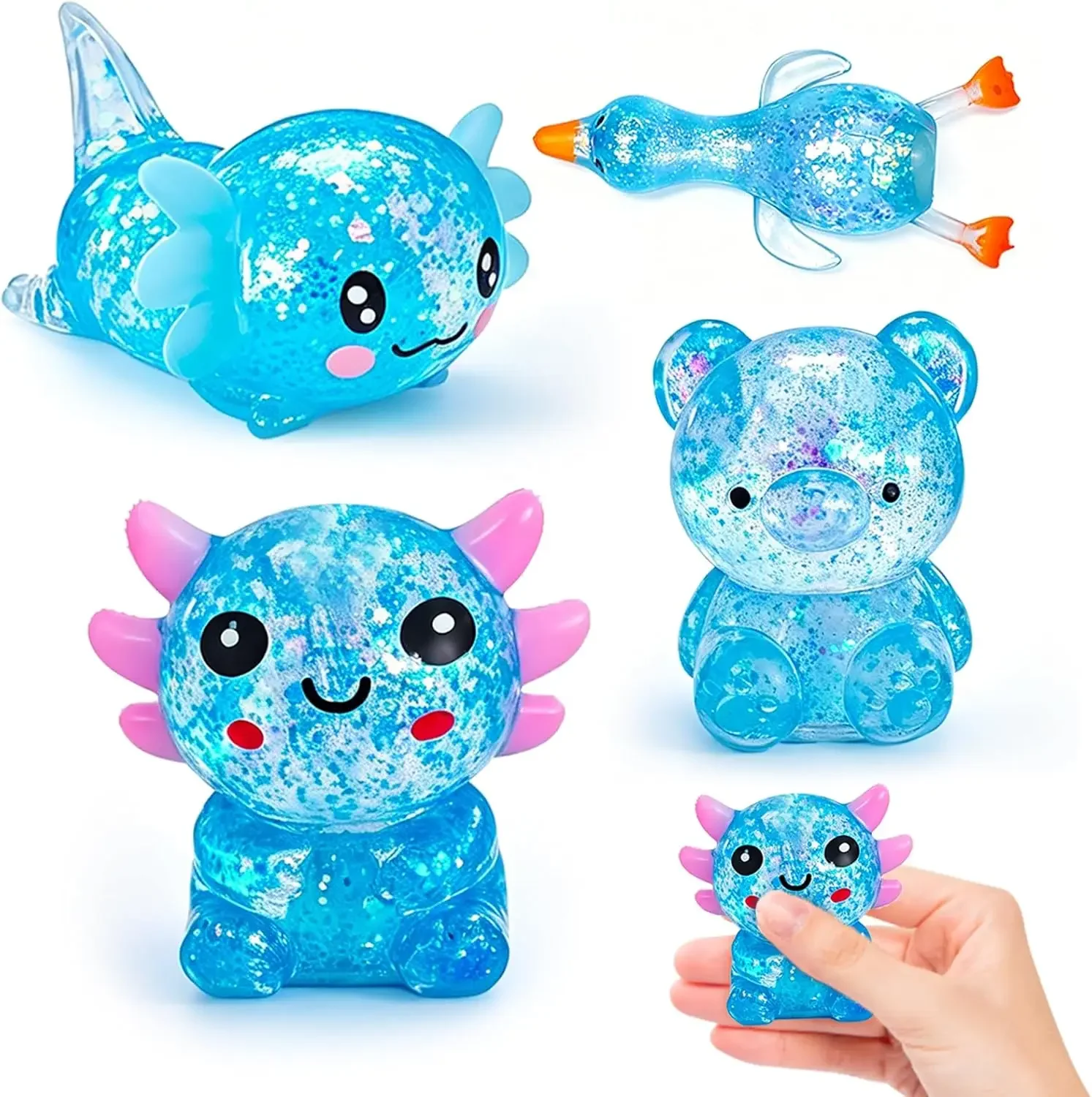 

4 Pack Sugar Squishy, Squishy Fidget Glitter Squeeze , Stress Relief Sensory Bear Axolotl & Duck Squishy , Gel Stress Balls for Adults & Kids, Birthday Gifts Party Favors
